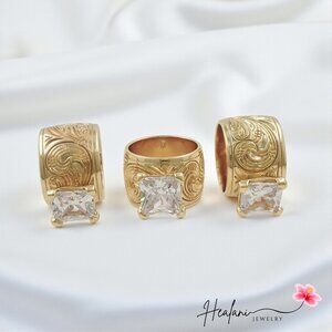 15mm Gold Hawaiian Ali'i Barrel Ring with CZ, Hawaiian Ring